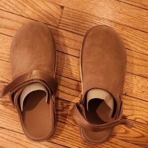 UGG Brown Leather Slip-On Clogs with Buckle Detail